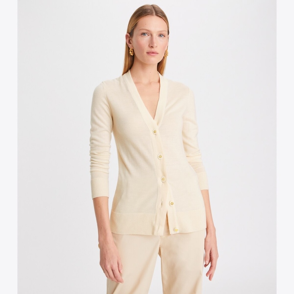 Tory Burch Simone Cardigan 100% Merino Wool Ivory Size Medium